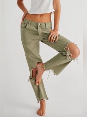 We The Free Maggie Olive Green Distressed Straight Leg Button-Fly Jeans Size 25